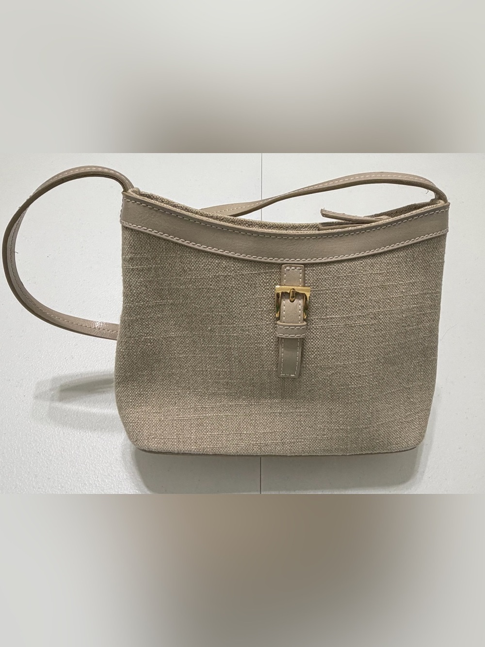 Etienne Aigner Linen Blend Small Shoulder Bag Buckle Detail Neutral Beige